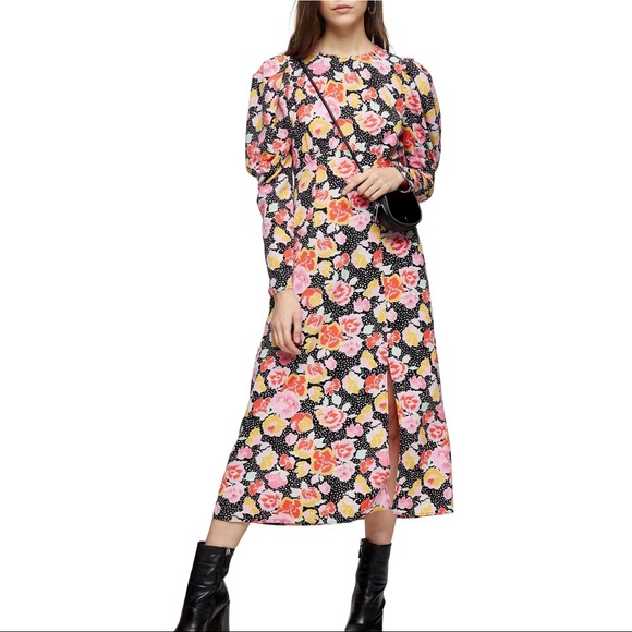 NEW TOPSHOP FLORAL PRINTED PUFF SLEEVE MIDI DRESS - Picture 9 of 9